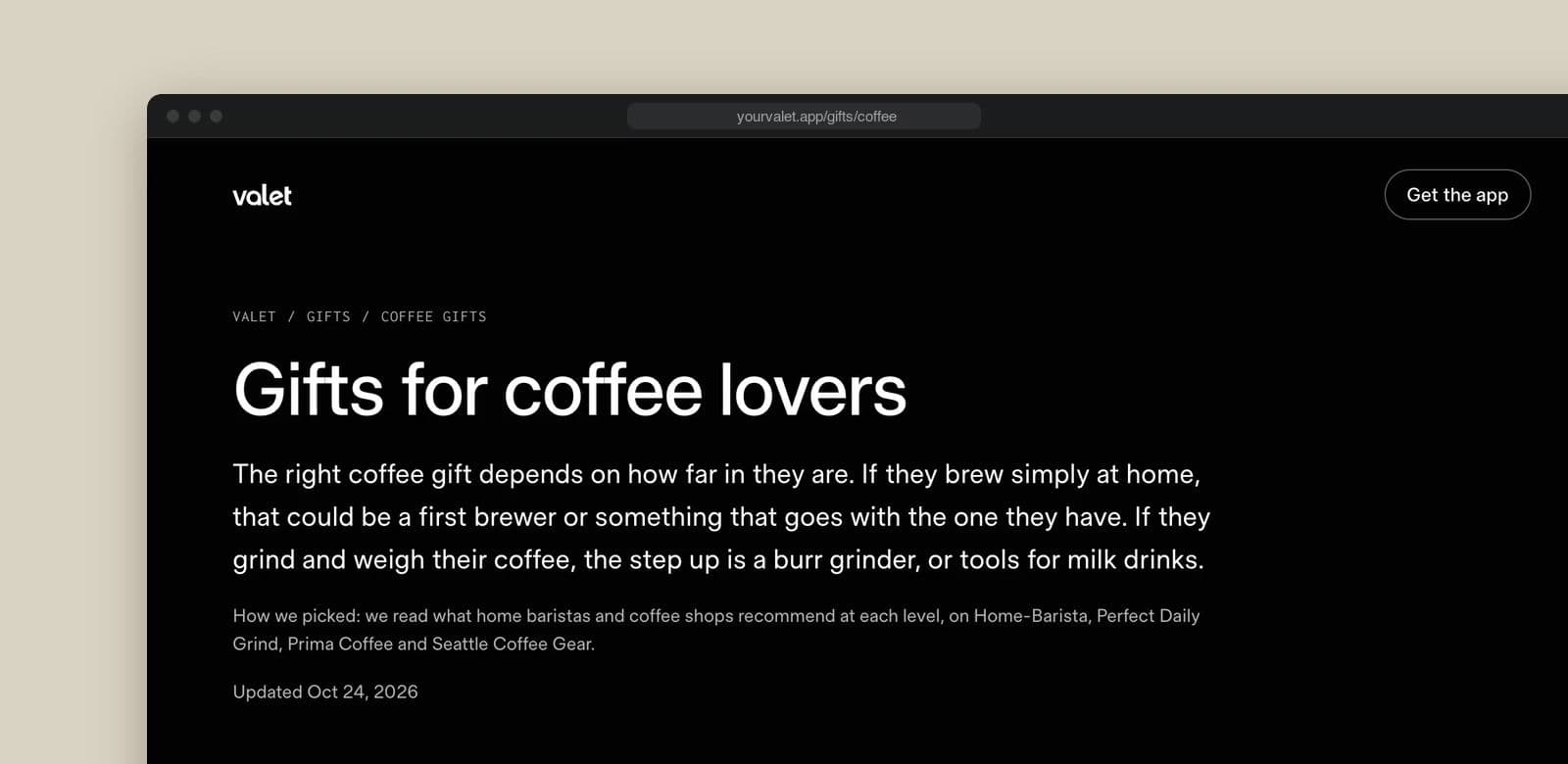 Valet's Gifts for coffee lovers page scrolling in a browser, from the intro to the picks
