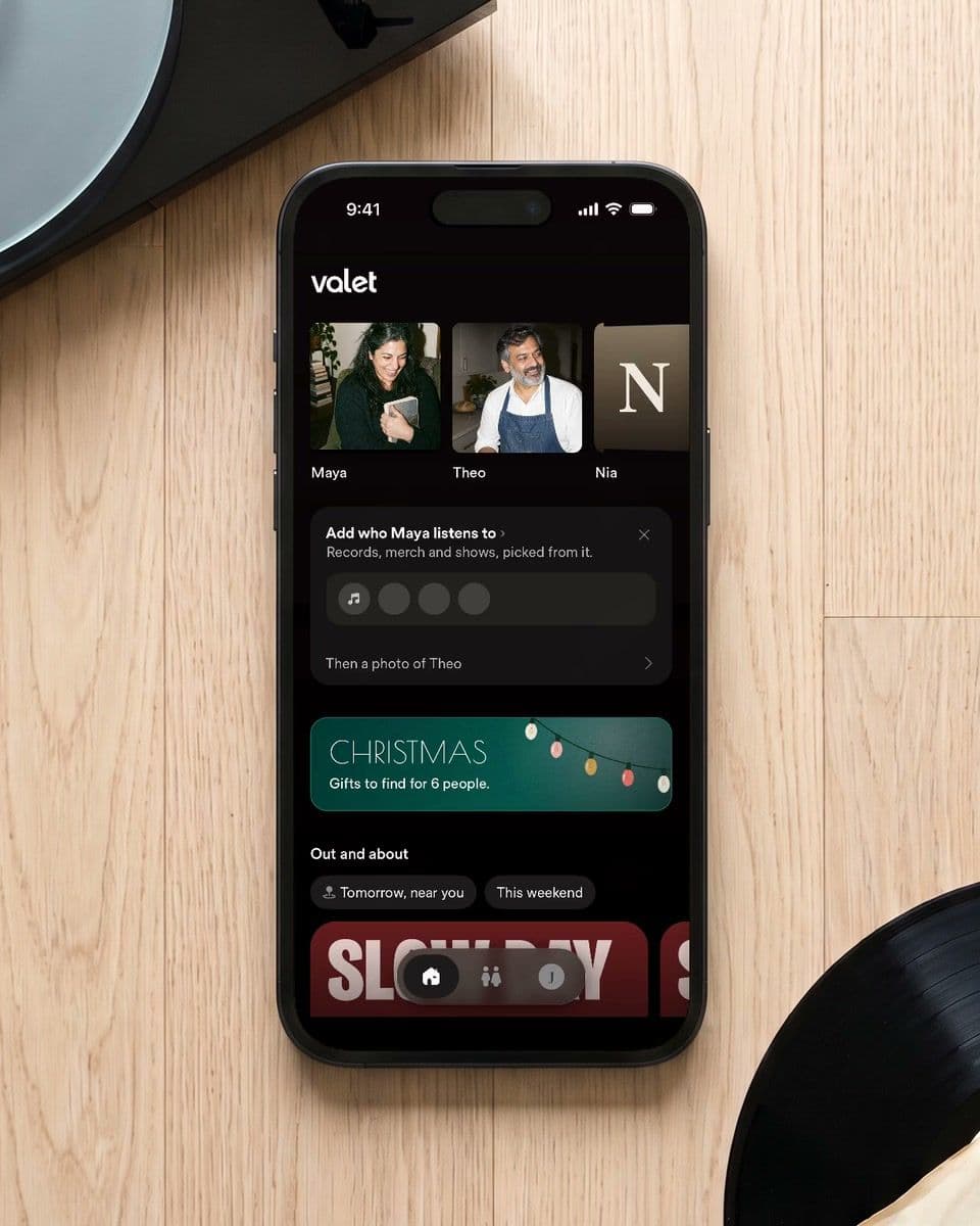 Valet 1.2 on a phone on a wooden floor beside a record, the people up top and the day planned below