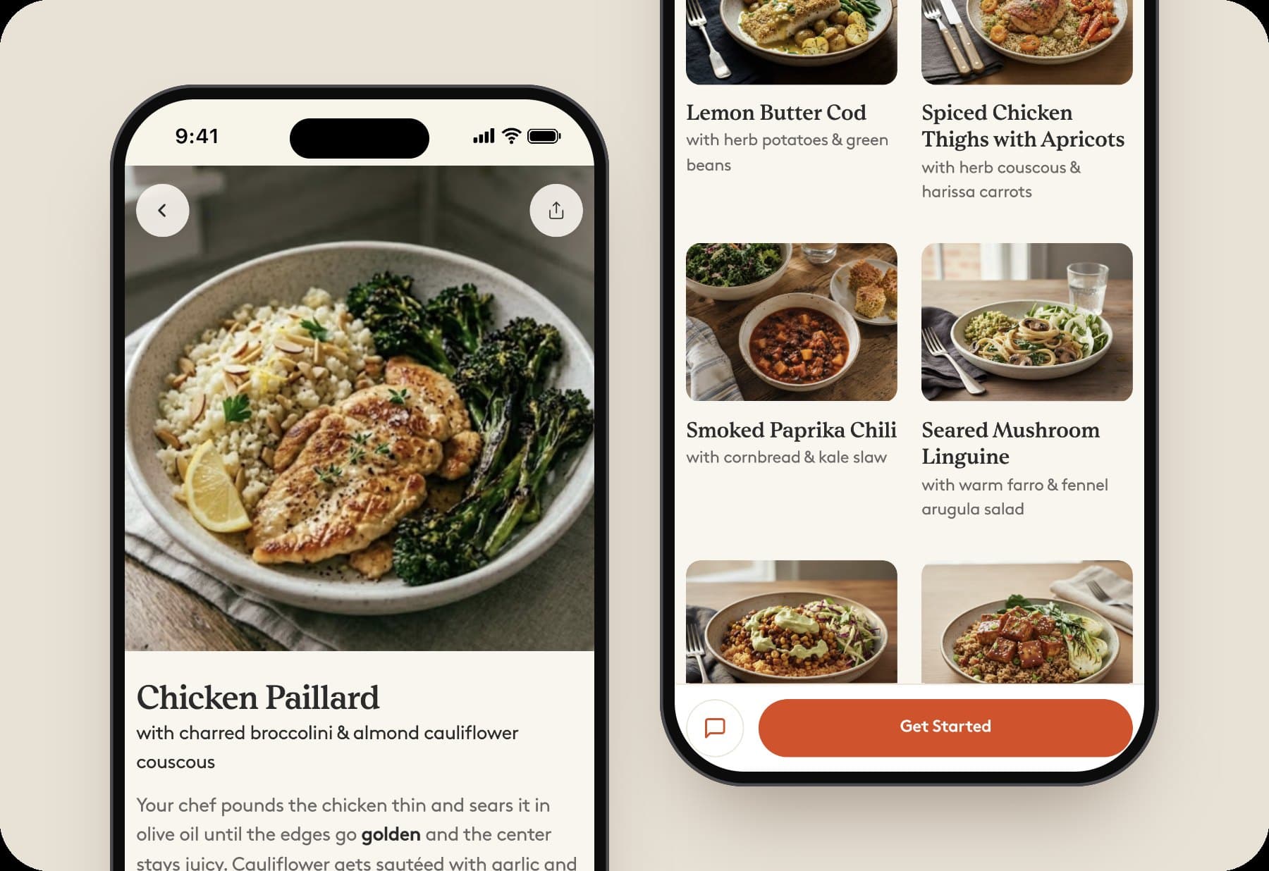 Two Livin phone pages: the top of the Chicken Paillard dish page, and the menu's dish grid