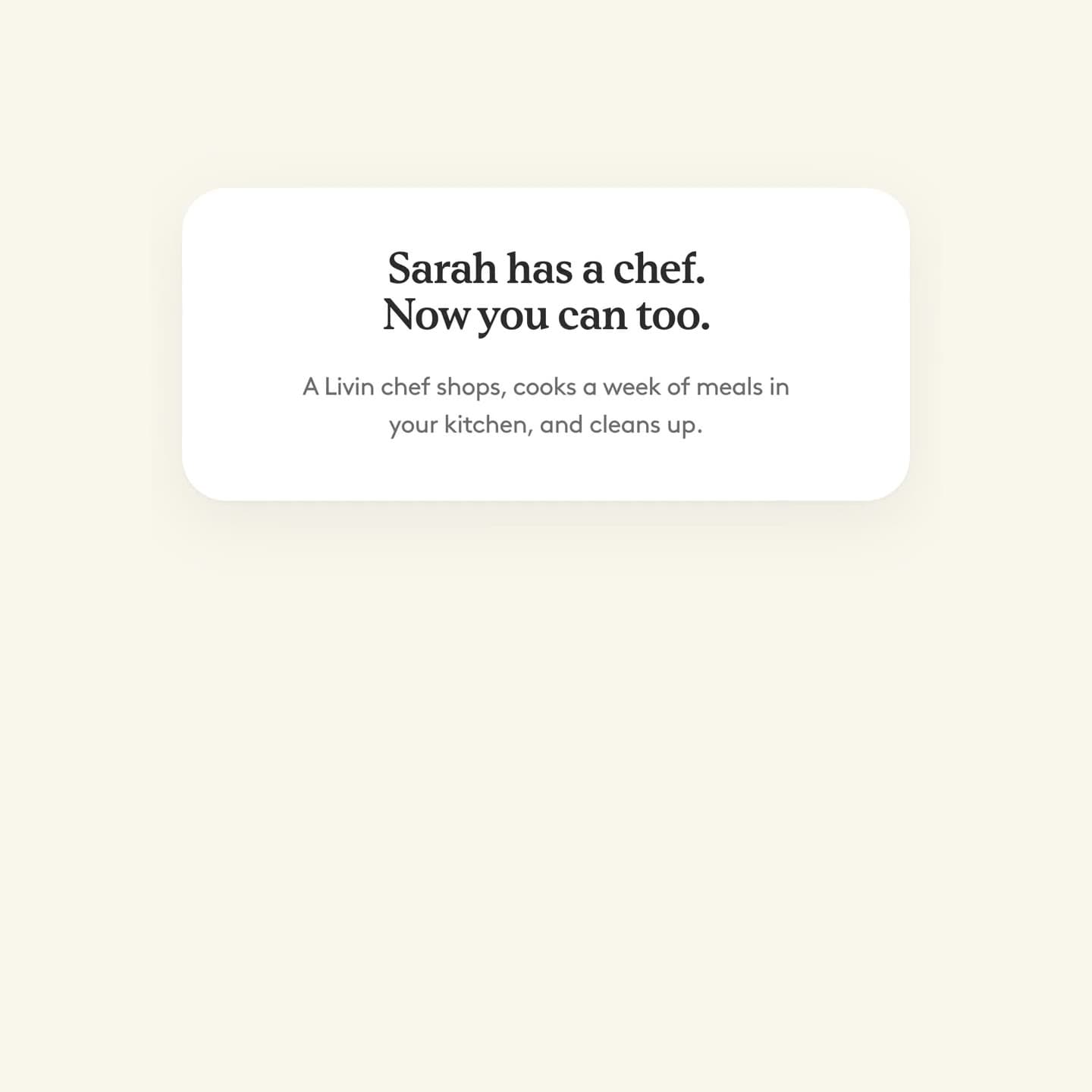 Livin's referral page: an envelope opens and a card rises, Sarah has a chef, now you can too
