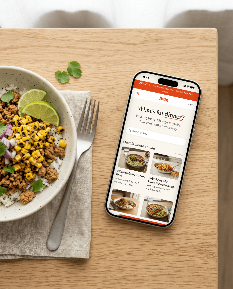 Livin's menu on a phone over a dinner plate