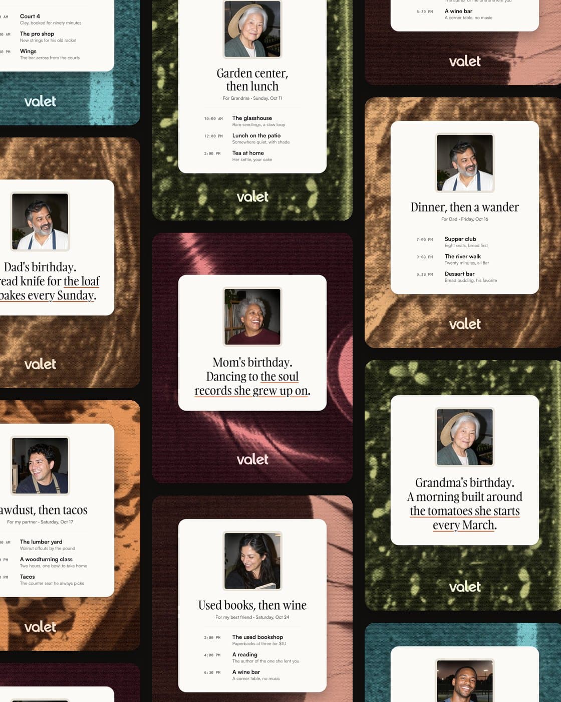 Valet ads rendered from the website's own components: plan cards and birthday lines for Mom, Dad and Grandma