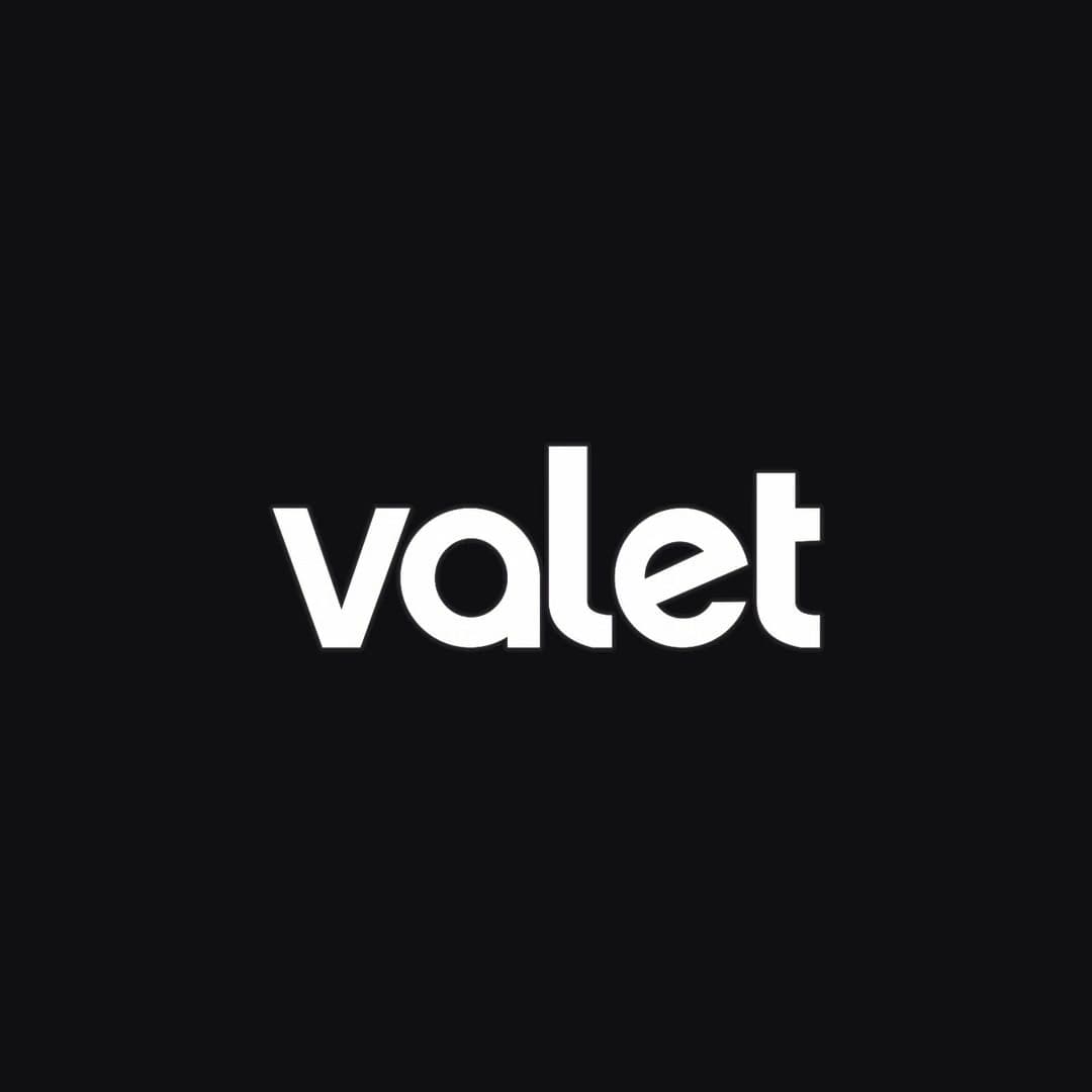 The Valet launch ident: an outline paints the wordmark white, then it collapses to black