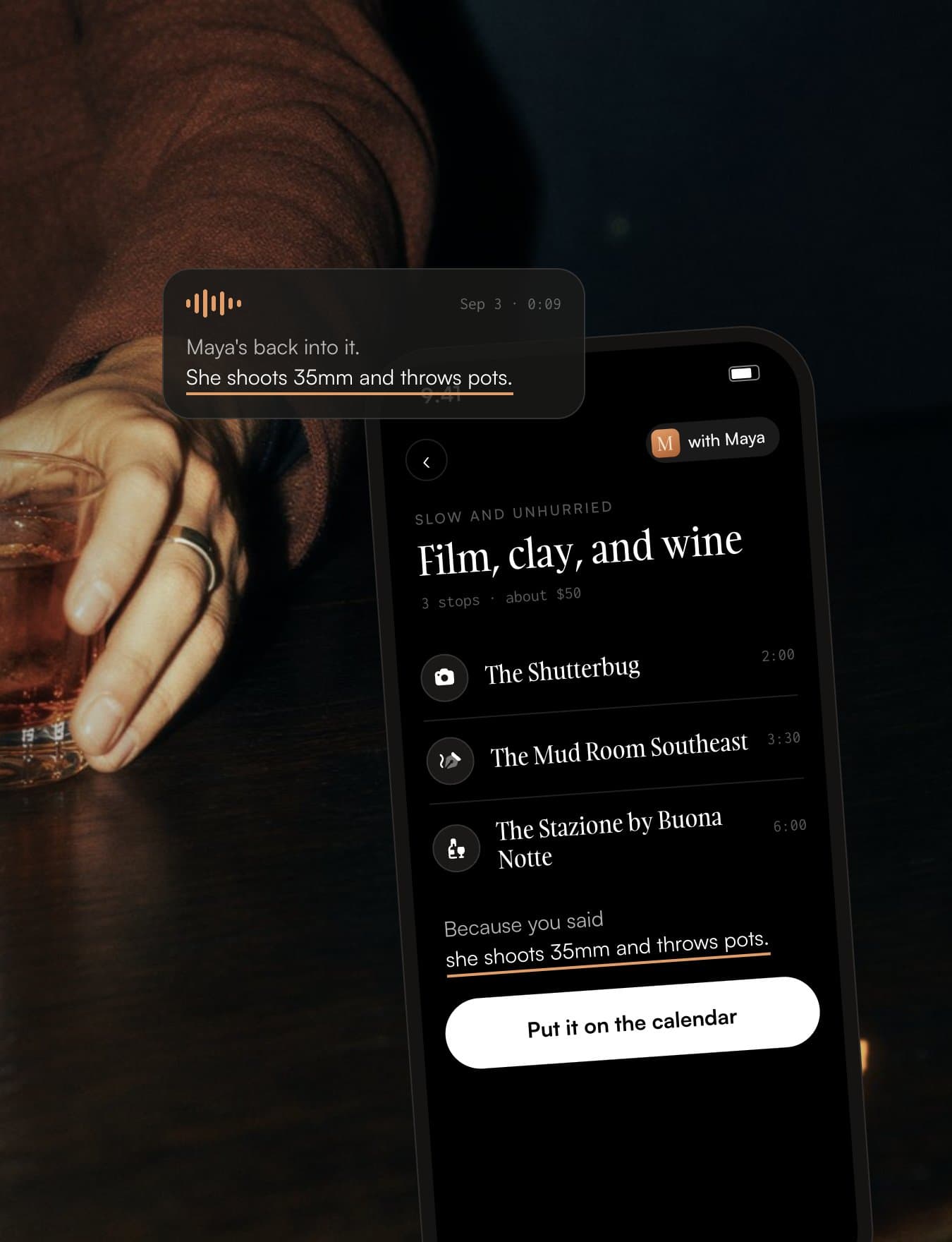 Valet on a phone at a bar table at night, the day planned around a friend